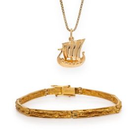 YELLOW GOLD VIKING SHIP NECKLACE AND BRACELET