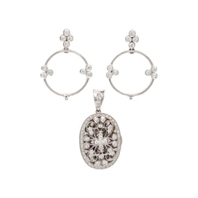 DIAMOND AND WHITE GOLD LOCKET AND EARRINGS