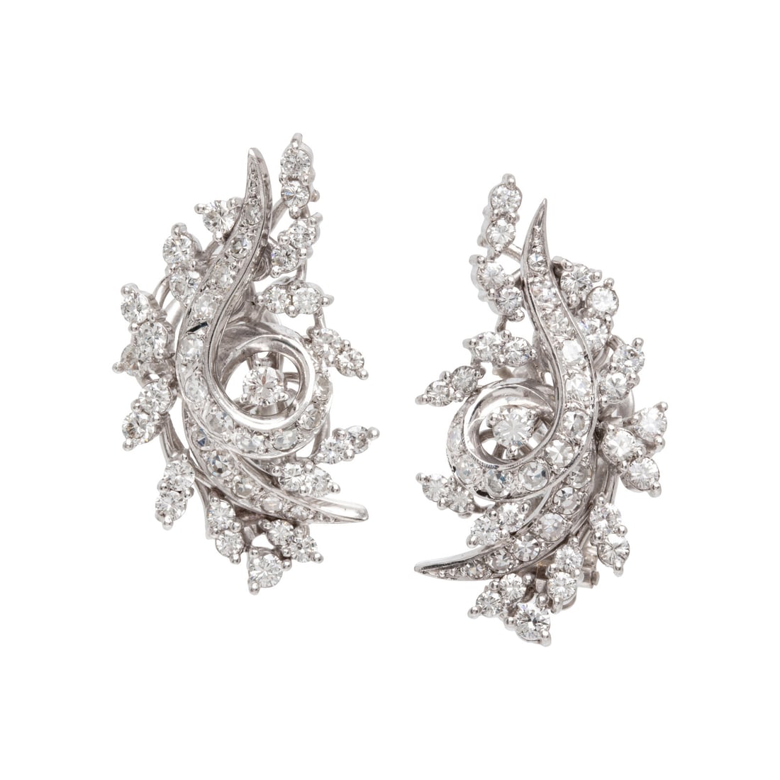 DIAMOND AND WHITE GOLD EARRINGS: DIAMOND AND WHITE GOLD EARRINGS Round and single cut diamonds weighing approximately 2.50 carats total. White gold. 1 1/8 inches long. Gross weight: 10.70 dwt. This lot is located in Chicago.
