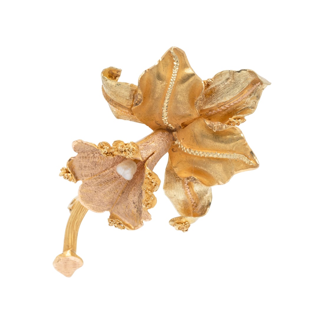 YELLOW GOLD FLOWER BROOCH: YELLOW GOLD FLOWER BROOCH Baroque cultured pearl measuring approximately 2.50 mm. 18 karat yellow gold. 2 x 1 1/8 inches. Stamp: (partially obscured) 18K. Gross weight: 5.85 dwt. This lot is located i