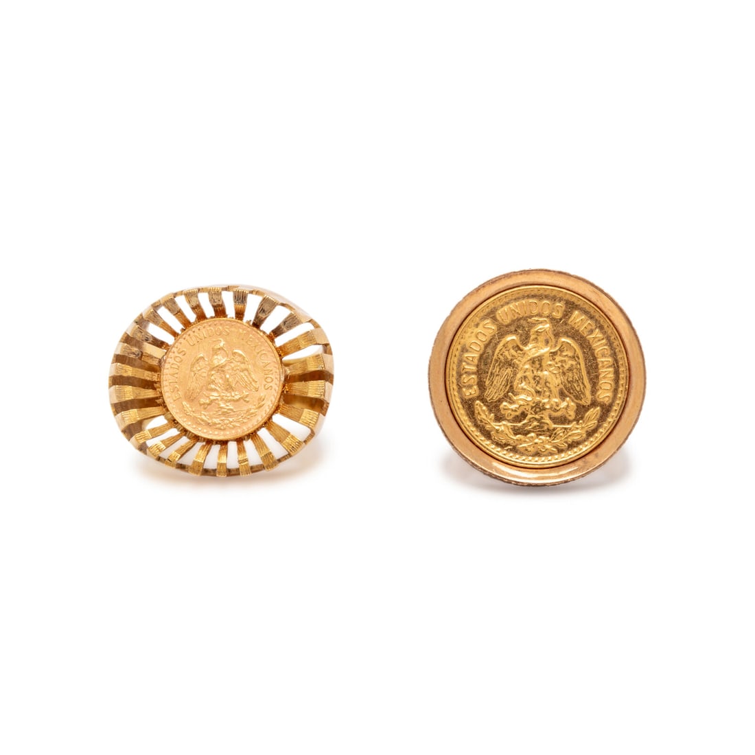 TWO YELLOW GOLD AND MEXICAN PESO COIN RINGS: TWO YELLOW GOLD AND MEXICAN PESO COIN RINGS Mexican two-peso coin and five-peso coin. 18 and 14 karat yellow gold, and high karat gold. Ring size 7 1/4 and 9. Two-peso coin ring stamp: 18K. Five-peso