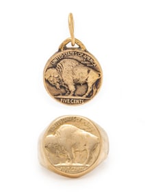 YELLOW GOLD BUFFALO NICKEL RING AND PENDANT