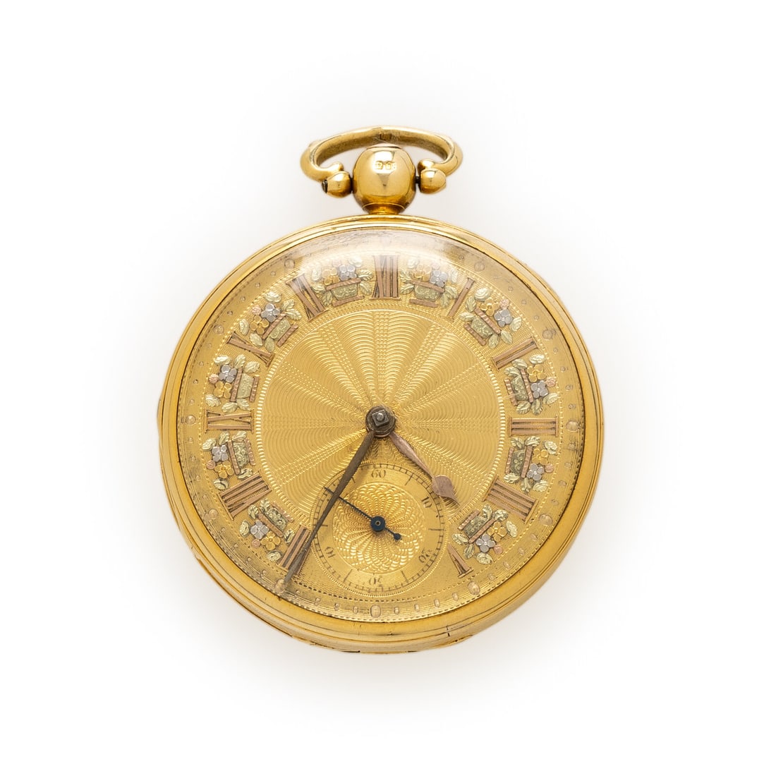 18K YELLOW GOLD POCKET WATCH WITH FLOWER MOTIF: 18K YELLOW GOLD POCKET WATCH WITH FLOWER MOTIF Case size: Approx. 52 mm Case material: 18 karat yellow gold Dial: Yellow gold Movement: Manual wind Bracelet/Strap: Yellow gold fancy link chain