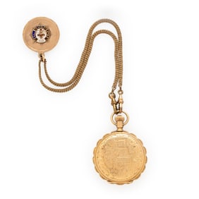 ELGIN, 14K YELLOW GOLD HUNTER CASE POCKET WATCH WITH CHARM