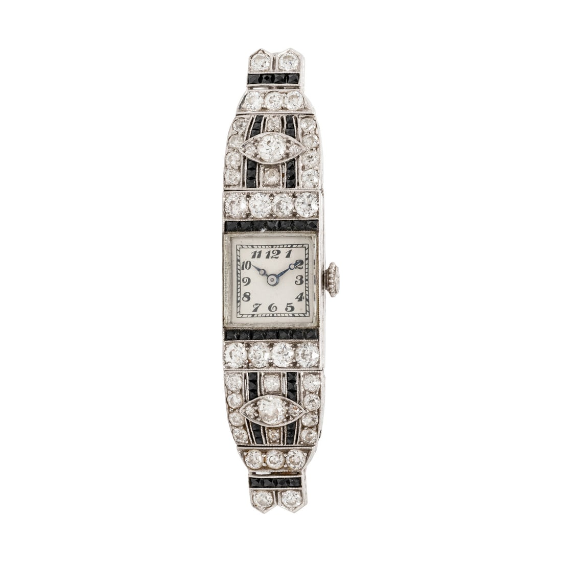 ART DECO, PLATINUM, DIAMOND, AND SAPPHIRE WATCH: ART DECO, PLATINUM, DIAMOND, AND SAPPHIRE WATCH Year: Circa 1924 Case size: Approx. 13.50 mm Case material: Platinum Bezel: Lugs set with old European and transitional cut diamonds, and French cut