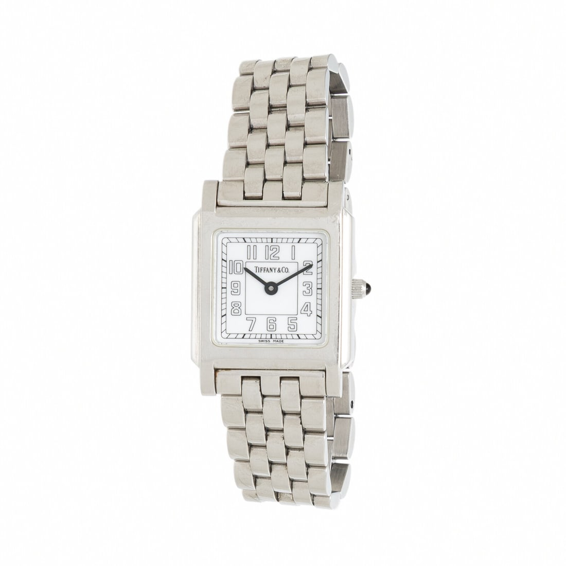TIFFANY & CO., STAINLESS STEEL WATCH: TIFFANY & CO., STAINLESS STEEL WATCH Maker: Tiffany & Co. Serial number: 000205707 Case size: Approx. 23 mm Case material: Stainless steel Dial: White Movement: Quartz Bracelet/Strap: