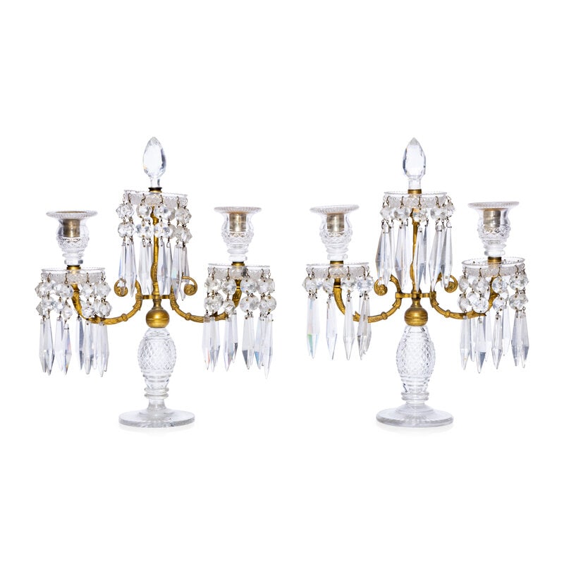 A Pair of English Gilt-Bronze and Cut Glass Three Light Candelabra: A Pair of English Gilt-Bronze and Cut Glass Three Light Candelabra 19th Century Height 15 x width 11 1/4 inches. Property from the Estate of Ben Solomon, Solomon-Paris Antiques, Indianapolis,