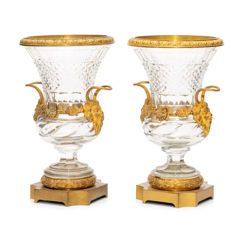 A Pair of French Gilt-Bronze Mounted Cut Glass Urns: A Pair of French Gilt-Bronze Mounted Cut Glass Urns 19th/20th Century Height 12 1/4 inches. Property from the Estate of Ben Solomon, Solomon-Paris Antiques, Indianapolis, Indiana This lot is