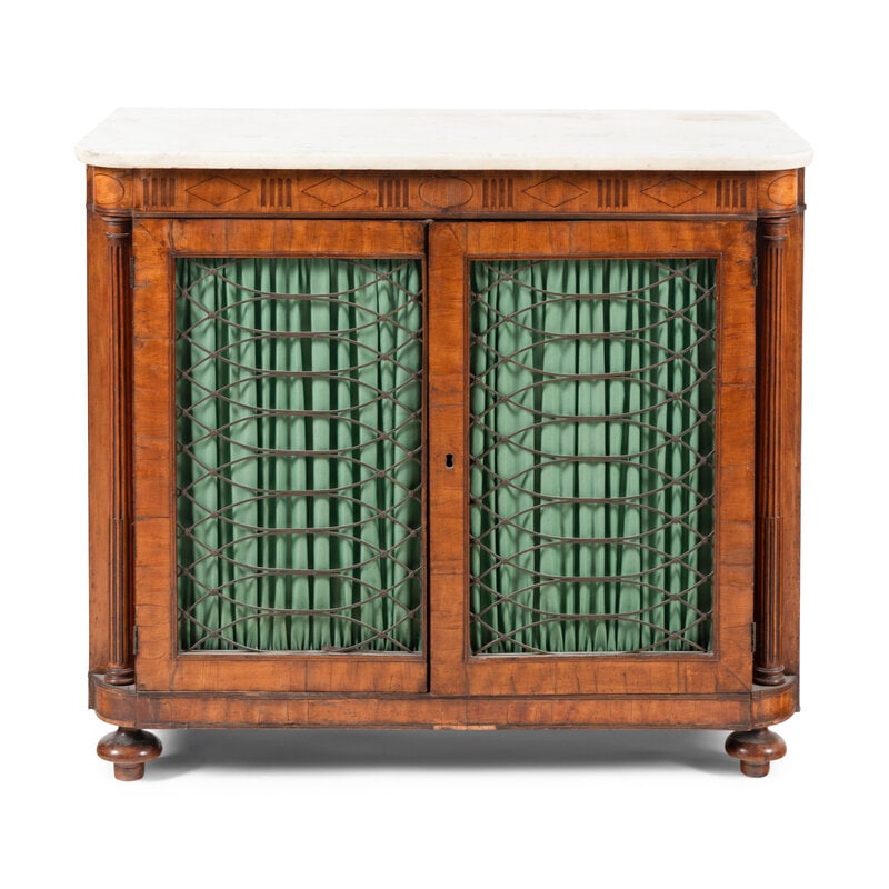 A Regency Mahogany Side Cabinet: A Regency Mahogany Side Cabinet First Quarter 19th Century Height 34 x width 38 1/2 x depth 19 1/2 inches. Property from the Estate of Ben Solomon, Solomon-Paris Antiques, Indiana