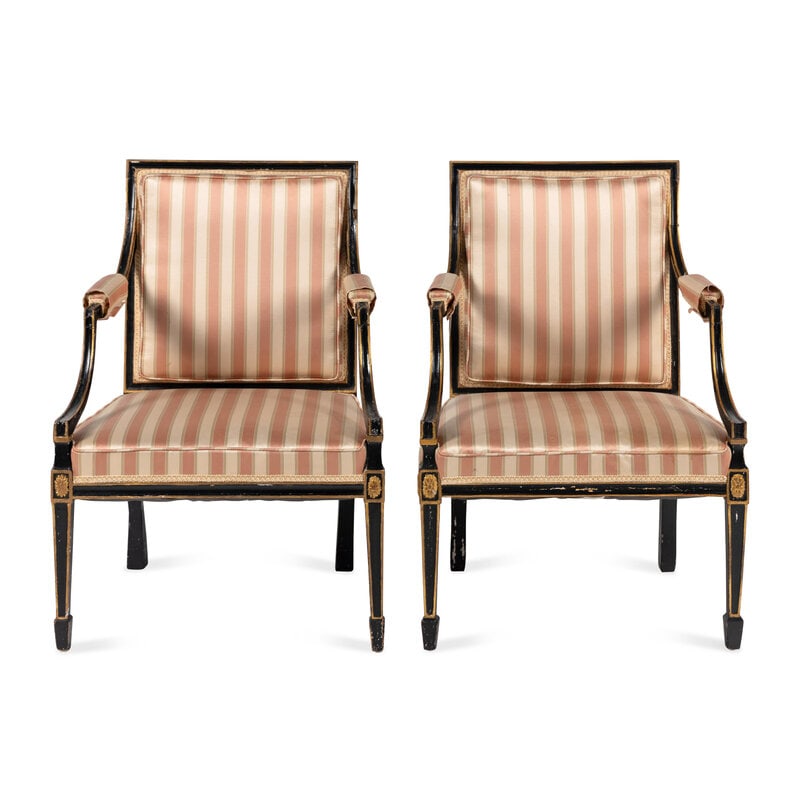 A Pair of Regency Style Ebonized and Parcel-Gilt Armchairs: A Pair of Regency Style Ebonized and Parcel-Gilt Armchairs Late 19th/Early 20th Century Height 37 1/2 x width 25 1/4 x depth 24 inches. Property from the Estate of Ben Solomon, So