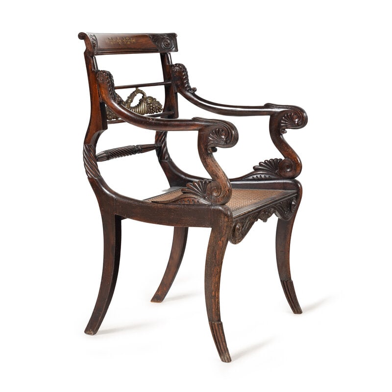 A Regency Rosewood, Mahogany and Brass Armchair: A Regency Rosewood, Mahogany and Brass Armchair 19th Century Height 37 x width 21 1/2 x depth 22 inches. Property from the Estate of Ben Solomon, Solomon-Paris Antiques, Indianapolis, Indiana This