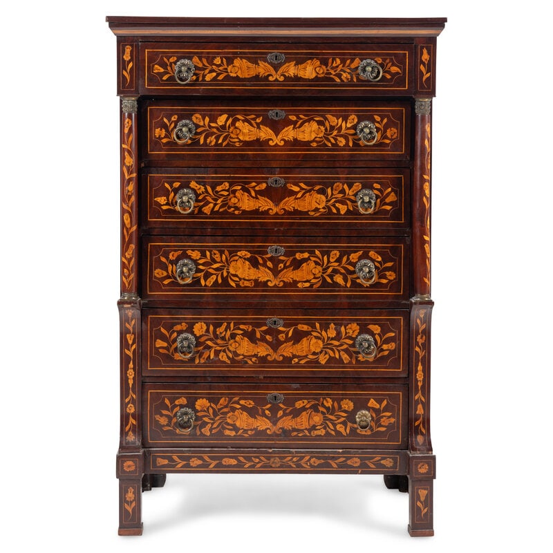 A Dutch Marquetry Chest of Drawers: A Dutch Marquetry Chest of Drawers Early 19th Century Height 61 1/8 x width 39 x depth 20 inches. Property from the Estate of Ben Solomon, Solomon-Paris Antiques, Indianapolis, In