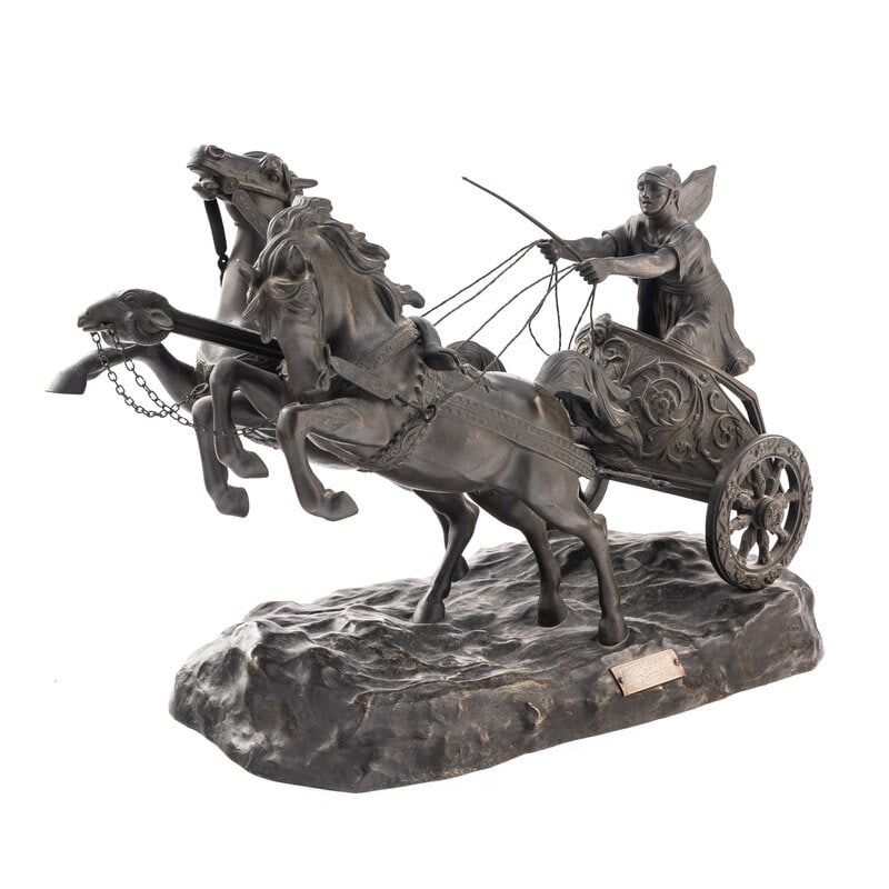 An Italian Bronze Figural Group: An Italian Bronze Figural Group Early 20th Century Roman Chariot Height 16 x width 27 x depth 12 inches. Property from the Estate of Ben Solomon, Solomon-Paris Antiques, Indianapolis, Indiana This
