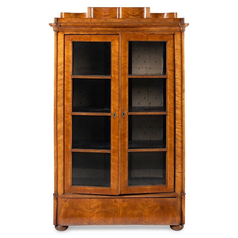 A Biedermeier Figured Birch Vitrine Cabinet: A Biedermeier Figured Birch Vitrine Cabinet Second Quarter 19th Century Height 69 1/2 x width 42 1/2 x depth 19 inches. Property from the Estate of Ben Solomon, Solomon-Paris Anti