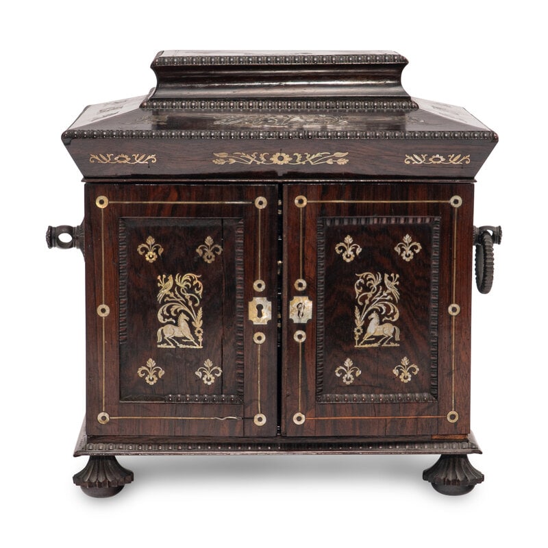 An Anglo-Indian Rosewood and Mother-of-Pearl Inlaid Jewelry Casket: An Anglo-Indian Rosewood and Mother-of-Pearl Inlaid Jewelry Casket 19th Century Height 14 x width 13 1/2 x depth 10 1/2 inches. Property from the Estate of Ben Solomon, Solomon-P