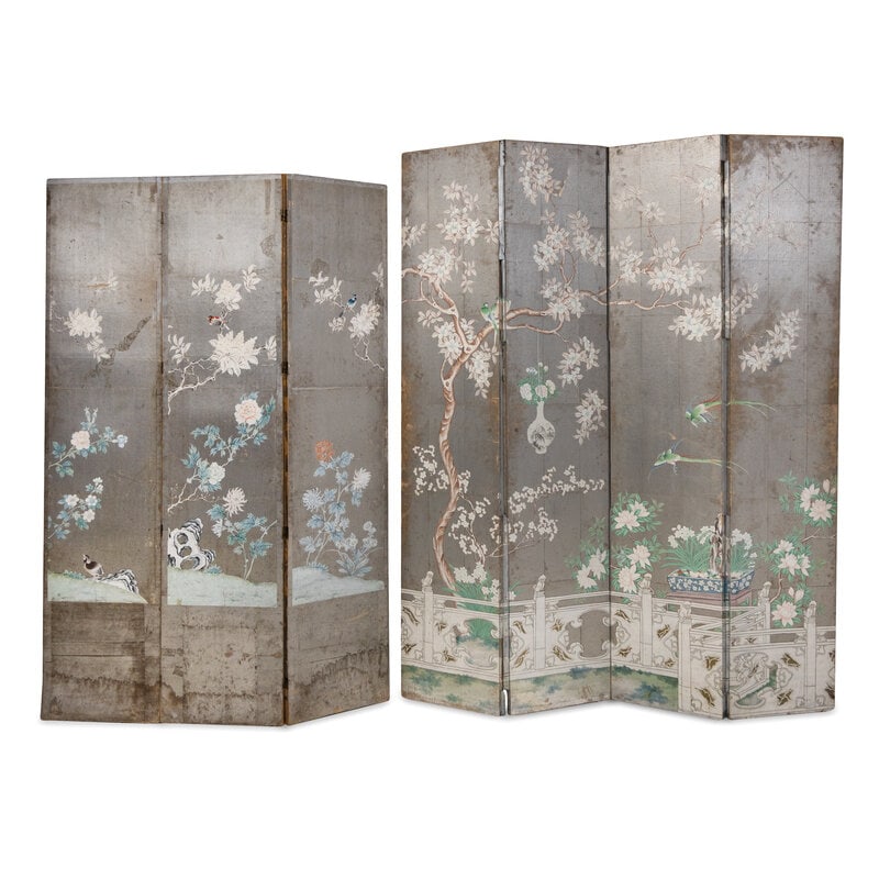 A Silvered Wallpaper Seven Panel Floor Screen: A Silvered Wallpaper Seven Panel Floor Screen Comprising of one four panel screen and one three panel screen Four panel screen heigh 96 x 19 1/2 inches (each panel). Three panel screen 90 x 20