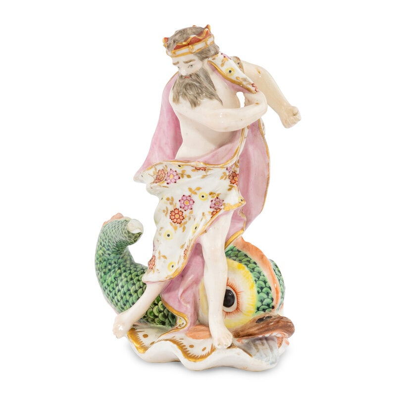 A Derby Porcelain Figure of Neptune: A Derby Porcelain Figure of Neptune 18th Century Height 6 3/4 x width 4 x depth 3 inches. Property from the Estate of Ben Solomon, Solomon-Paris Antiques, Indianapolis, Indiana This lot is located
