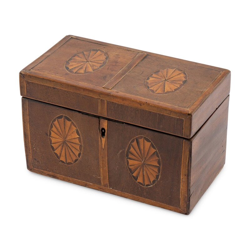 A George III Mahogany and Marquetry Tea Caddy: A George III Mahogany and Marquetry Tea Caddy Late 18th/Early 19th Century the lid opening to a divided interior with two covered compartments. Height 5 x width 8 x depth 4 1/4 inches. <