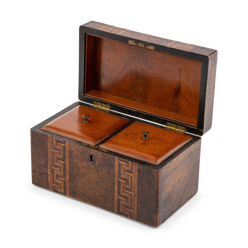 An English Burlwood and Parquetry Decorated Tea Caddy - 2