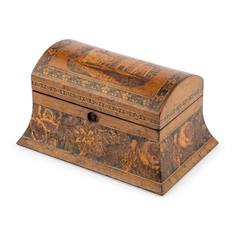 An English Tunbridge Marquetry Tea Caddy: An English Tunbridge Marquetry Tea Caddy Early 19th Century the lid decorated with a manor house and opening to a divided interior with two covered compartments. Height 5 1/2 x width 9 3/4 x depth