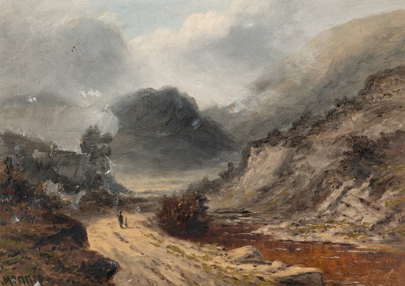British School (19th Century): British School (19th Century) Figures in Glen Coe oil on canvas signed (lower left), titled (reverse) Approximately 12 x 18 inches. Property from the Estate of Ben Solomon, Solomon-Paris Antiques,