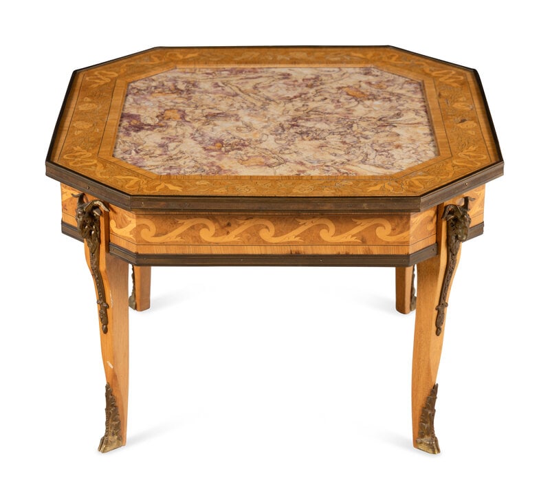 A Louis XVI Style Gilt-Bronze Mounted Marquetry and Marble-Inset Low Table (1 of 3)