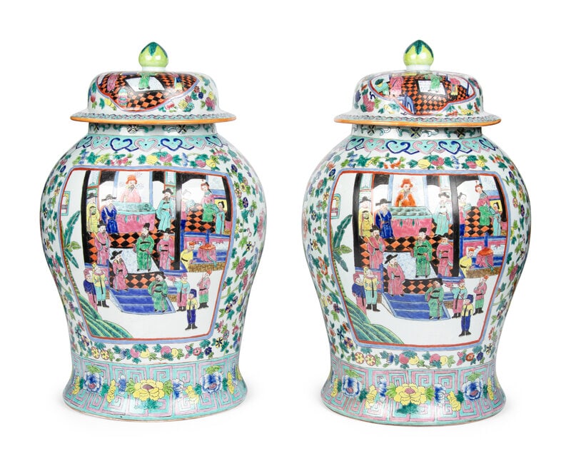 A Pair of Large Chinese Export Porcelain Jars: A Pair of Large Chinese Export Porcelain Jars 20th Century Height 30, width 18 inches. Property from the Collection of Eileen and Richard Schilling, Rockford, Illinois