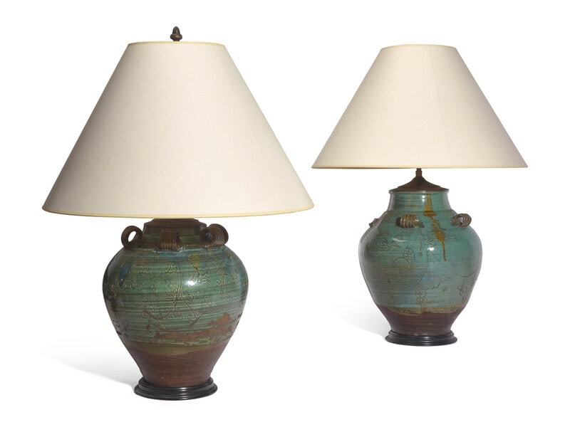 An Associated Pair of Pale Blue-Green Glazed Stoneware Jars, Now Mounted as Lamps (1 of 2)