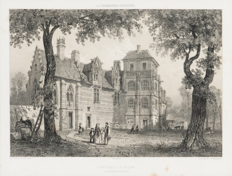 A Group of Framed Etchings and Lithographs: A Group of Framed Etchings and Lithographs including a pair of lithographs by Philippe Benoist and Ciceri depicting Chateau d'Etelan and Chateau de la Foret-Auvray; an etching of The Mazarine