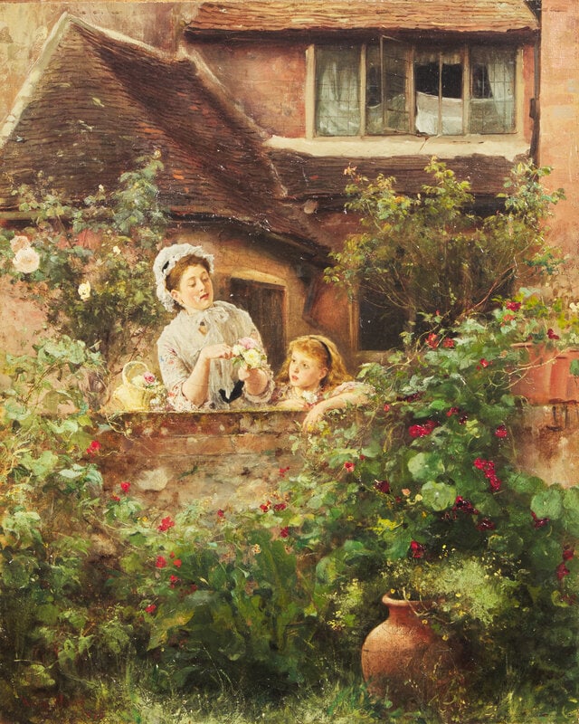 Henry Woods (English, 1846-1921) Mother and Child in a Garden, 1875: Henry Woods(English, 1846-1921)Mother and Child in a Garden, 1875oil on canvasSigned Henry Woods 1875 (lower left) 20 1/4 x 17 1/2 inches. Property from the Collection of Phyllis and Fred Pressman