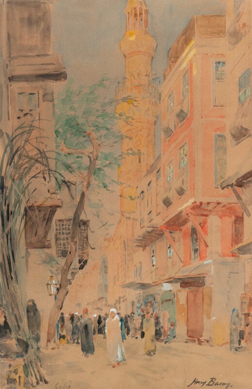 Henry Bacon (American, 1839-1912) Cairo Street Scene, c. 1900-10: Henry Bacon(American, 1839-1912)Cairo Street Scene, c. 1900-10watercolor and gouache on papersigned Henry Bacon (lower right); inscribed Cairo (lower left) 19 1/2 x 12 1/8 inches. This lot is located