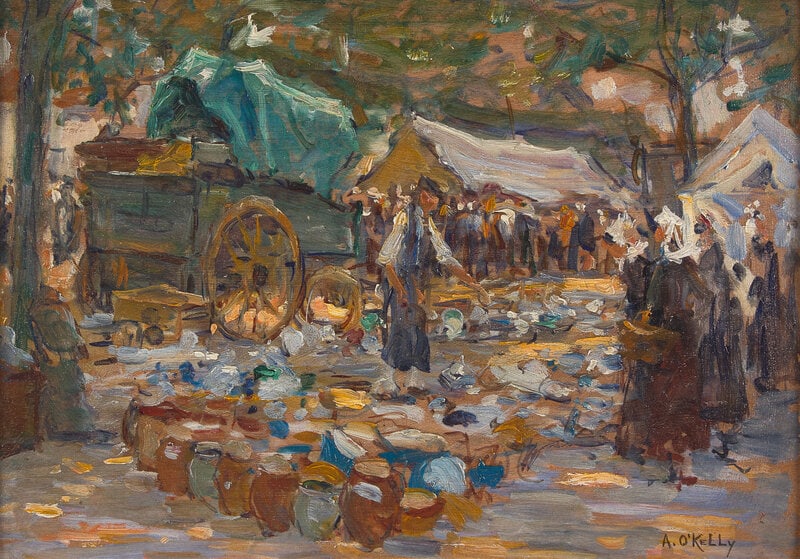 Aloysius C. O'Kelly (American/Irish, 1850–1928) Pottery Market: Aloysius C. O'Kelly(American/Irish, 1850–1928)Pottery Marketoil on panel signed A. O'Kelly (lower right) 9 3/8 x 13 inches Property from the Collection of Phyllis and Fred Pressman This lot is