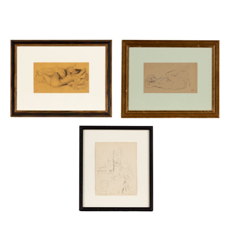 Lawton S. Parker (American, 1868–1954) Reclining Nude with Crossed Legs, Casual Nude, and Woma: Lawton S. Parker(American, 1868–1954)Reclining Nude with Crossed Legs, Casual Nude, and Woman Reading (three works)pencil and conte on papereach bear the Artist's estate stamp Largest: 6 x 10