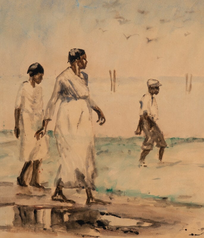 Anne Goldthwaite (American, 1869-1944) Strolling on the Beach: Anne Goldthwaite(American, 1869-1944)Strolling on the Beachwatercolor on papersigned Anne Goldthwaite (lower left) 19 x 19 inches. This lot is located in Chicago. Size19 x 19 inches.