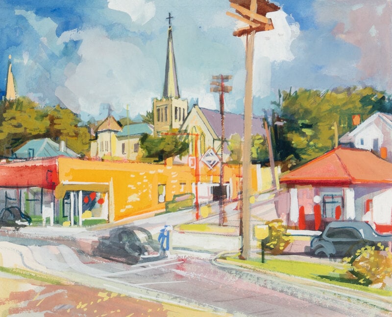 Edgar Arthur Rupprecht (American, 1889-1954) Skelly Gas and Church Steeple: Edgar Arthur Rupprecht(American, 1889-1954)Skelly Gas and Church Steeplegouache and watercolor on paper11 x 13 inches. This lot is located in Chicago. Size11 x 13 inches.ConditionFramed: 16 1/2 x 18