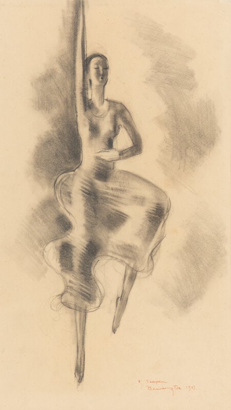 Kenneth Shopen (American, 1902-1967) Pole Dancer, 1937: Kenneth Shopen(American, 1902-1967)Pole Dancer, 1937charcoal on papersigned K. Shopen, dated, and inscribed Bennington (lower right) 17 x 11 inches. This lot is located in Chicago. Size17 x 11