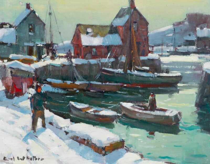 Carl William Peters (American, 1897-1980) Motif #1 with Snow: Carl William Peters(American, 1897-1980)Motif #1 with Snowoil on boardsigned Carl W Peters (lower left) 8 x 10 inches. This lot is located in Chicago. Size8 x 10 inches.ConditionFramed: 15 x 17
