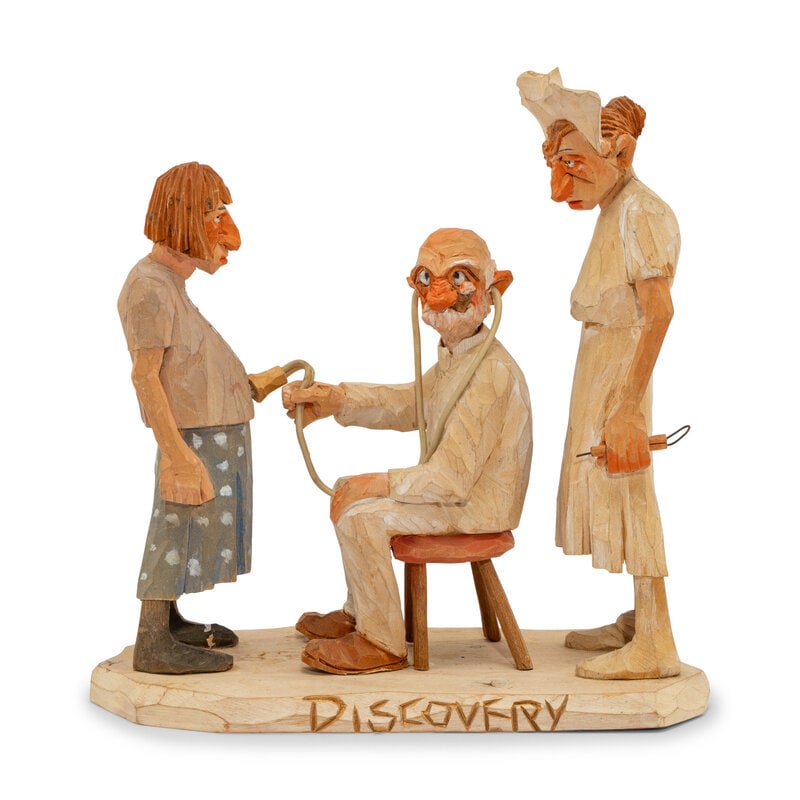 Andy Anderson (American, 1893-1963) Discovery: Andy Anderson (American, 1893-1963) Discovery Carving signed Andy and initialed on underside. Height 11 3/4 x length 10 3/4 x depth 5 inches. This lot is located in Chicago.