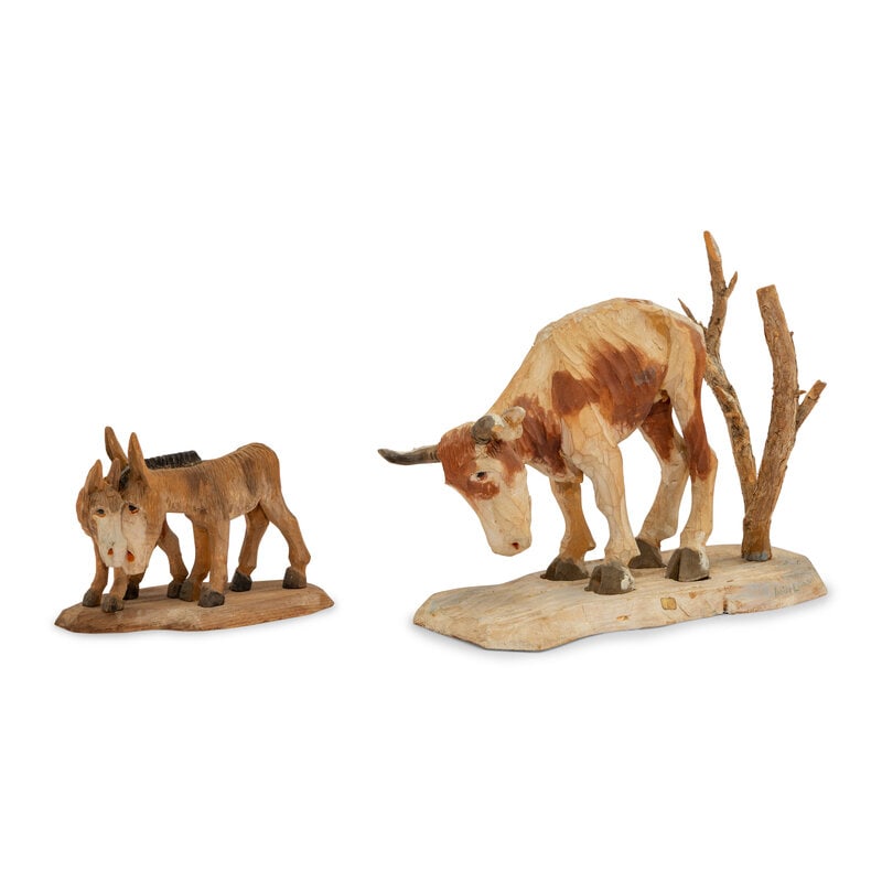 Andy Anderson (American, 1893-1963) Indian Land, NM and Two Burros: Andy Anderson(American, 1893-1963)Indian Land, NM and Two BurrosCarvingOne is signed Andy on the underside. The other is signed and dedicated To My Friend Howard Kegvey. Both are dated. Largest