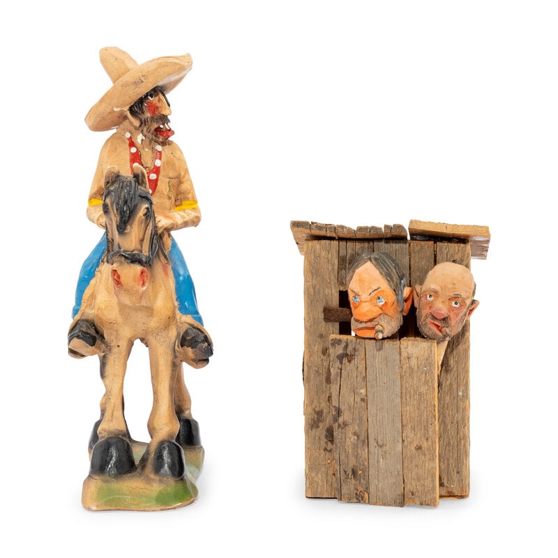 Andy Anderson (American, 1893-1963) Outhouse and Chalkware Figure: Andy Anderson (American, 1893-1963) Outhouse and Chalkware Figure Carving Additional head signed Andy and underside of outhouse initialed. The chalkware figure is signed. This lot is