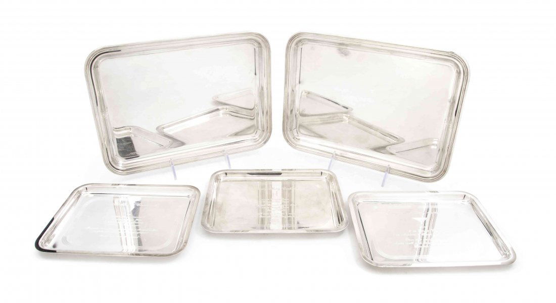 Three French Silverplate Cocktail Trays, Christofle, Wi: Three French Silverplate Cocktail Trays, Christofle, each of rectangular form with rounded corners and engraved drink recipes, together with a pair of Italian silverplate trays by Sambonet. Width of l