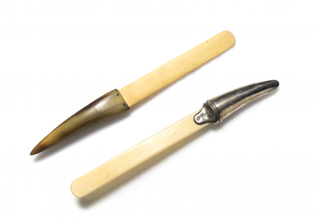 Two Continental Ivory Page Turners, Length of longer 13: Two Continental Ivory Page Turners, the first with a silverplate handle, the second a horn handle. Length of longer 13 inches. Property from the Estate of Chrystian Aubusson de Cavarlay, East Hampton,