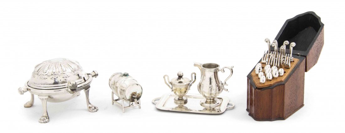 A Collection of Sterling Silver Miniature Table Article: A Collection of Sterling Silver Miniature Table Articles, comprising a bacon warmer with strainer insert and a water pitcher by Watson, and a serving tray, together with unmarked examples including a 