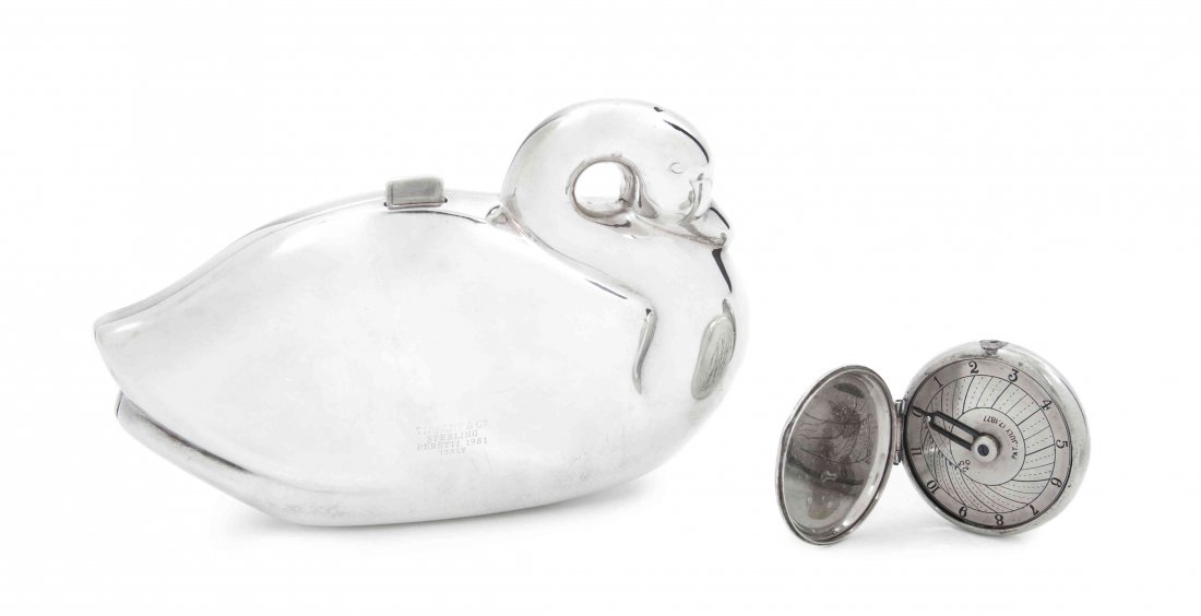 An American Sterling Silver Purse, Elsa Peretti for Tif: An American Sterling Silver Purse, Elsa Peretti for Tiffany & Co., in the form of a swan, opening to a leather-lined interior, marked Tiffany & Co., Sterling, Peretti 1981, Italy, together with a Tiff