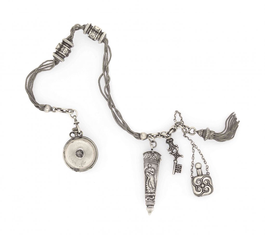 A French Silver Lady's Albert Chain, Length 18 5/8 inch: A French Silver Lady's Albert Chain, formed as a cluster of four chains with two barrel form slides, ending in a tasseled drop, the chain suspending a small Swiss .935 silver hunter case pocket watch,