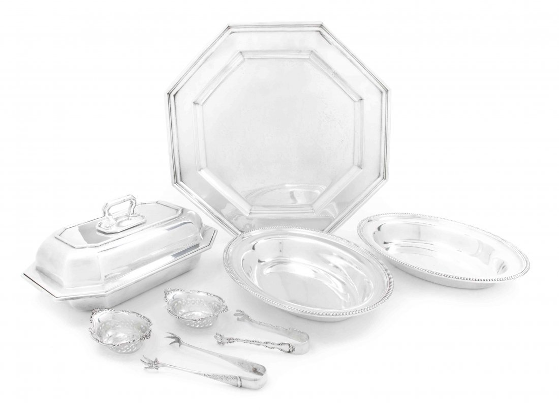 A Collection of American Sterling Silver Articles, Gorh: A Collection of American Sterling Silver Articles, Gorham, comprising an octagonal tray, a lidded entree with canted corners, two oval bowls, twelve nut dishes and a pair of sugar tongs; approximate t