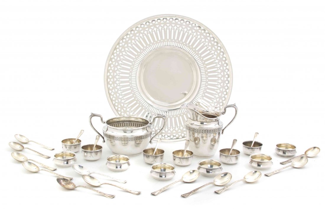 A Collection of American Sterling Silver Articles, Gorh: A Collection of American Sterling Silver Articles, Gorham, comprising a creamer and sugar set, a reticulated plate, twelve salt cellars of two forms, six salt spoons and twelve demitasse spoons; appro