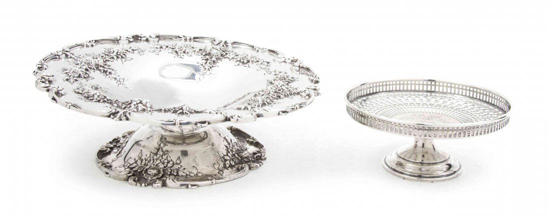 An American Sterling Silver Compote, Redlich & Co., Dia: An American Sterling Silver Compote, Redlich & Co., retailed by Alsted-Kasten Co., having a circular bowl with a flattened rim, the border with repousse scrolling foliate and floral spray decoration,