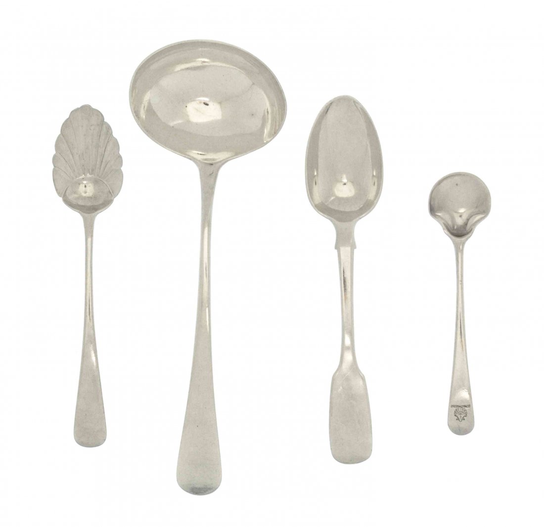 A Collection of George III Silver Flatware Articles, Le: A Collection of George III Silver Flatware Articles, comprising three sauce ladles by Geo. Smith III & Wm. Fearn, 1793, Thomas Northcote, 1797, William Eley & William Fearn, 1800, a fruit spoon with r