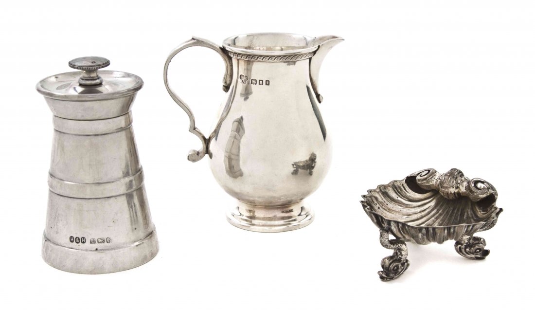 Three English Silver Articles, Height of tallest 3 1/4 : Three English Silver Articles, comprising a shell shaped salt cellar by Robert Harper, London, 1865, a creamer by Richard Woodman Burbridge, London, 1924, and a pepper mill by Hukin & Heath, Birmingha